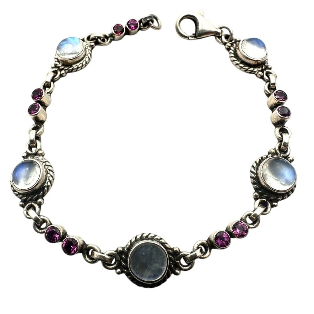 Purple Amethyst & Moonstone Gemstone Sterling Silver Bracelet 7 Inch 13 Grams